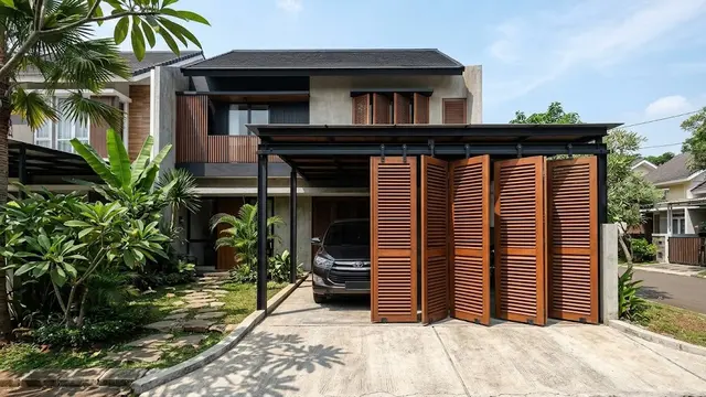 Carport Kanopi dengan Kisi-Kisi Kayu Geser