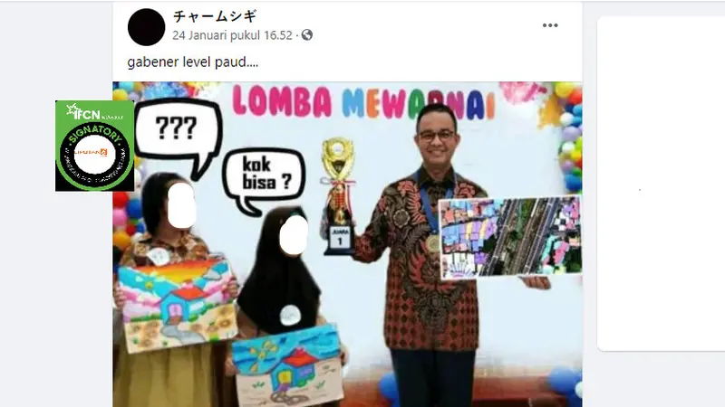 Cek Fakta Liputan6.com menelusuri klaim foto Anies meraih juara 1 lomba mewarnai