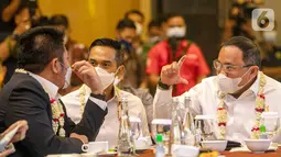 Pada Pelantikan Pengurus Kadin Sumatera Selatan 2020-2025 di Palembang, sejumlah Ketua Kadin Provinsi se-Sumatera juga menyatakan dukungannya kepada Anindya Bakrie untuk memimpin Kadin Indonesia 2021-2026 yang telah berkiprah selama 15 tahun di Kadin Pusat. (Liputan6.com/Pool/Kadin)   