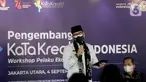 Menteri Parekraf / Kepala Badan Pariwisata dan Ekonomi Kreatif Sandiaga Uno memberi sambutan dalam acara workshop KaTa Kreatif di Taman Wisata Alam Magrove, PIK, Jakarta Utara, Sabtu (04/09/2021). Workshop dilaksanakan di 36 kabupaten dan kota di Indonesia. (Liputan6.com/Fery Pradolo)