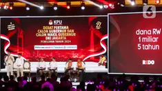 Komisi Pemilihan Umum (KPU) Provinsi DKI Jakarta menggelar debat perdana calon gubernur dan wakil gubernur DKI Jakarta di JIExpo, Kemayoran, Jakarta Pusat, Minggu (6/10/2024). Tampak pasangan calon gubernur dan wakil gubernur DKI Jakarta nomor urut 1, Ridwan Kamil-Suswono saat menyampaikan visi misi dalam segmen pertama. (Liputan6.com/Herman Zakharia)