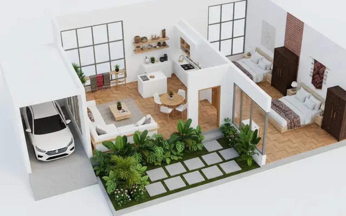 10 Denah Rumah Tipe 36 dengan Carport dan Taman Depan, Minimalis Modern