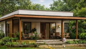 desain rumah minimalis atap datar di desa (AI)