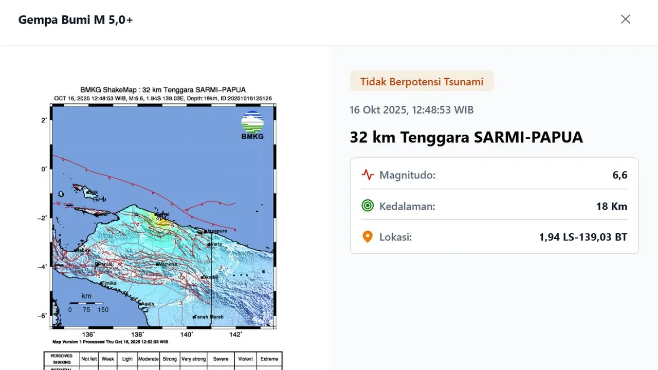 Gempa hari ini, Kamis (16/10/2025) di Indonesia berkekuatan magnitudo 6,6 dengan kedalaman 18 kilometer.