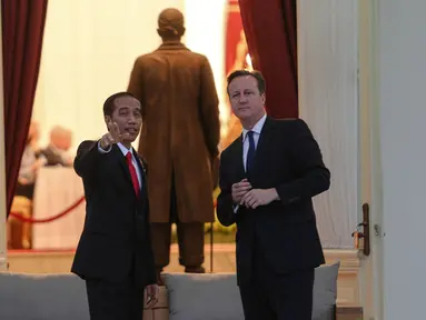 Presiden Jokowi (kiri) menunjukkan sejumlah bangunan yang ada di kompleks Istana Kepresidenan kepada PM Inggris David Cameron di Teras Istana Negara, Jakarta, Senin (27/7). (Liputan6.com/Faizal Fanani)