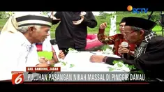 Puluhan pasangan dari usia 30 hingga 50 tahun ikuti nikah massal di pinggir Situ Cileunca, Banung, Jawa Barat.