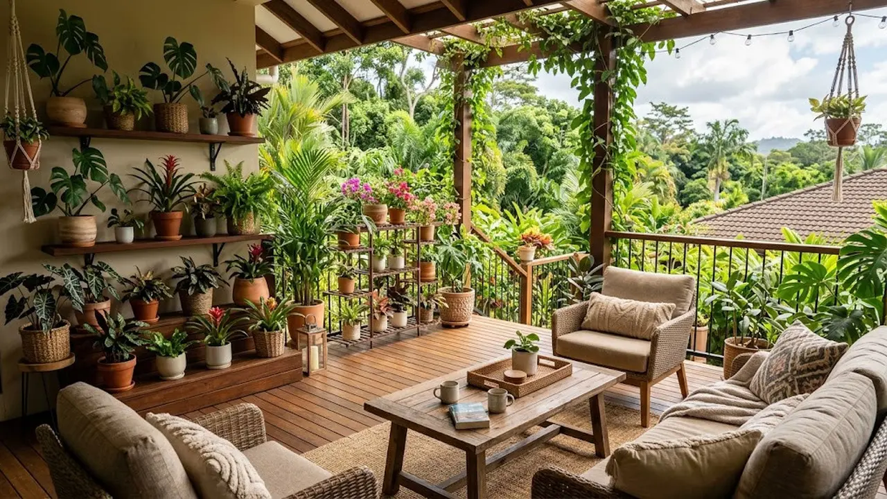 Desain Teras Rumah untuk Banyak Pot tetapi Tetap Ada Ruang Duduk/AI Generated