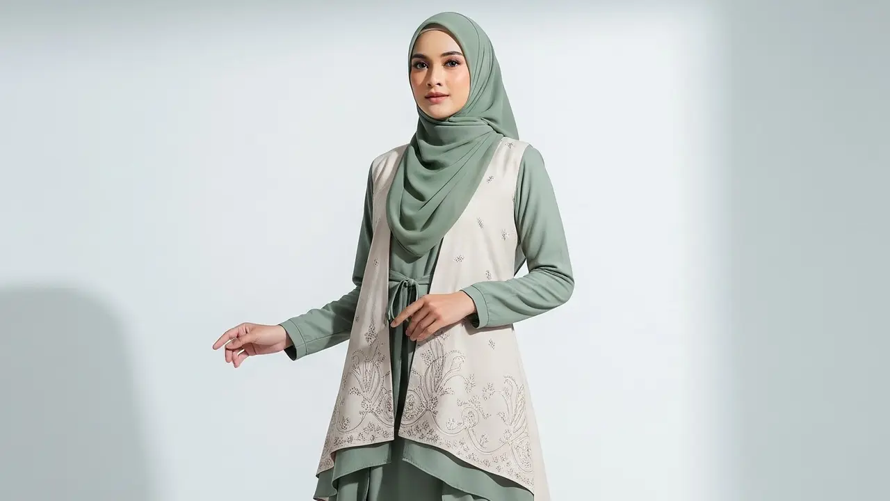 Model Gamis Rompi Lepas Pendek dengan Aksen Layer