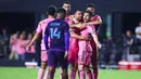 Pemain tengah Inter Miami, Lionel Messi (kedua kanan) merayakan golnya saat melawan Charlotte FC laga lanjutan MLS di Chase Stadium pada Sabtu 28 September 2024 atau Minggu (29/9/2024) pagi WIB di Fort Lauderdale, Florida. (Megan Briggs/Getty Images North America/Getty Images via AFP)