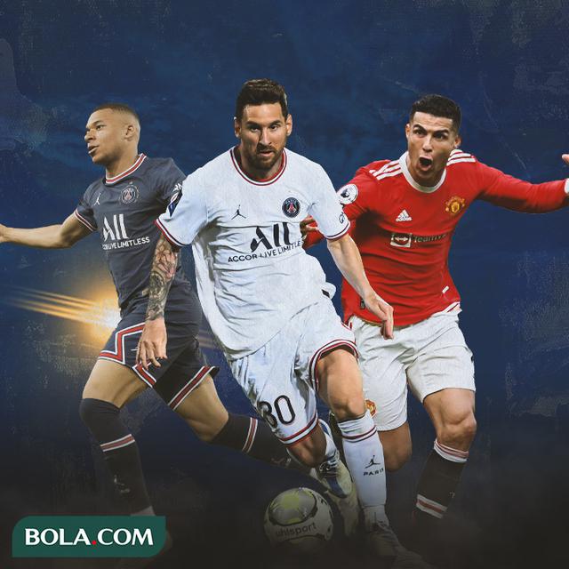 Ilustrasi - Lionel Messi, Cristiano Ronaldo, Kylian Mbappe