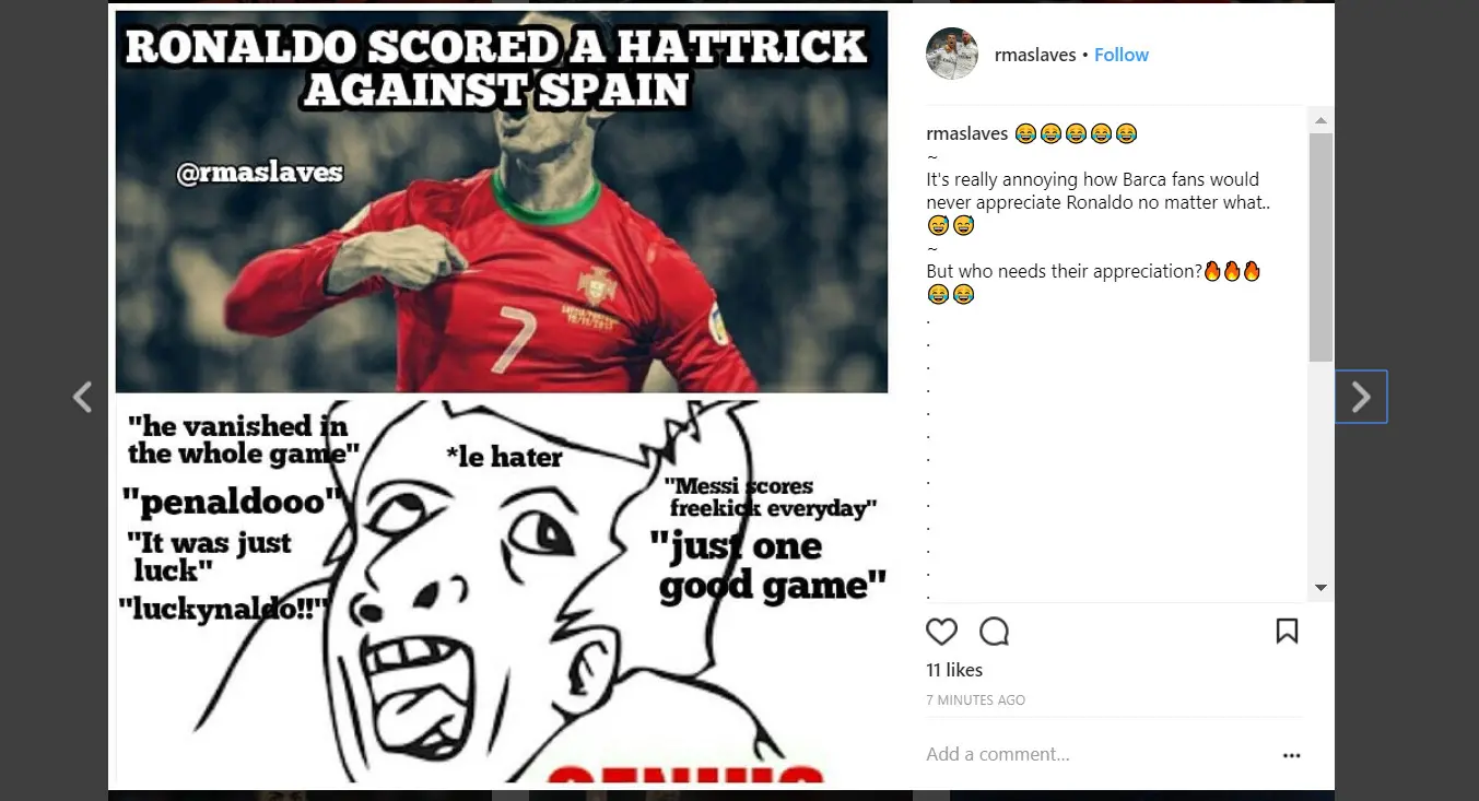 Meme Cristiano Ronaldo setelah cetak tiga gol dalam pertandingan Piala Dunia Portugal lawan Spanyol (Instagram @rmaslaves)