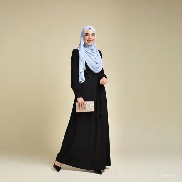 Maxi Dress Hitam Wrap Style dengan Hijab Biru Muda