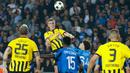 Tiga gol kemenangan Dortmund di markas Club Brugge semuanya tercipta di babak kedua, dua di antaranya lewat aksi Jamie Bynoe-Gittens dan satu gol dari penalti Sehrou Guirassy. (AP Photo/Omar Havana)