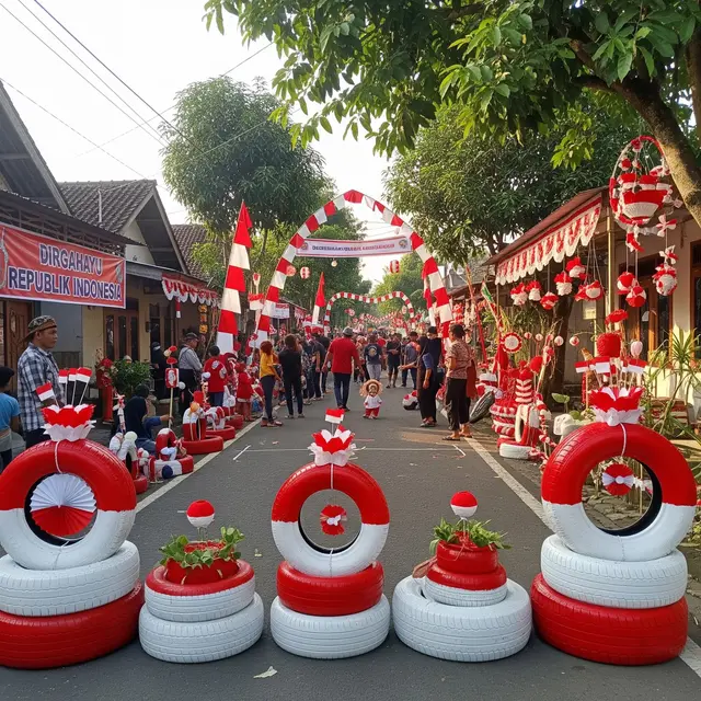 Hiasan Ban Bekas yang Dicat Merah Putih (AI Generated)