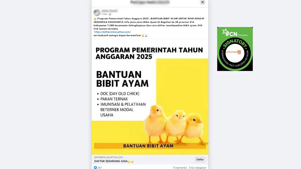 Tangkapan layar klaim tautan pendaftaran untuk mendapatkan bantuan bibit ayam tahun anggaran 2025 yang beredar di Facebook.