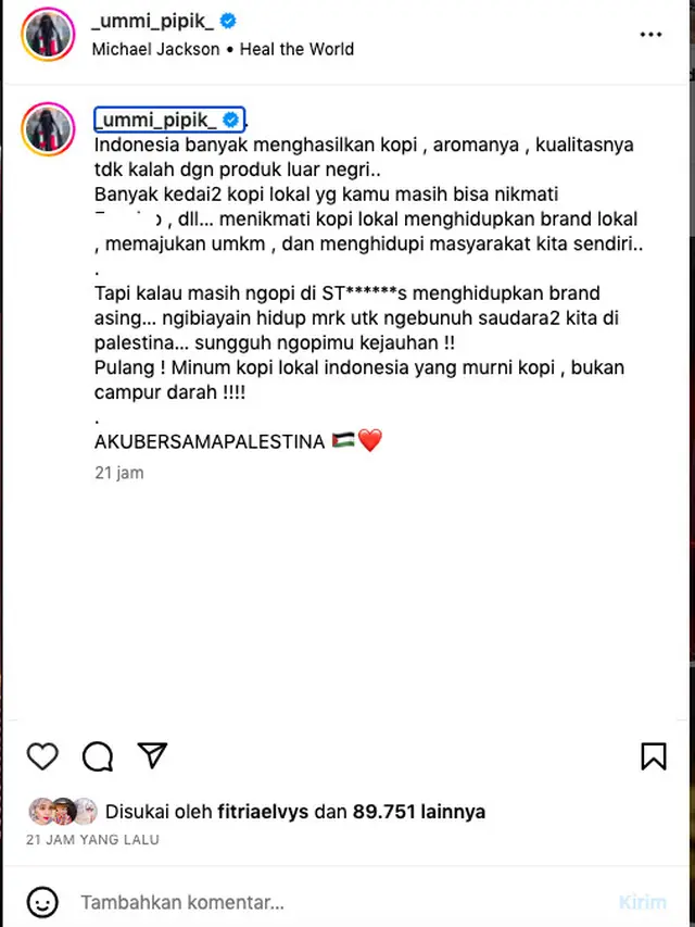 Ramai Seruan Boikot Produk Pro Israel, Umi Pipik Ajak Masyarakat Nikmati Kopi Lokal