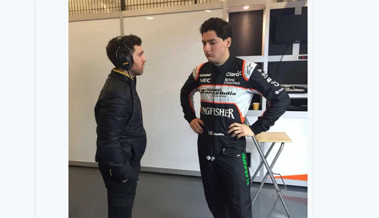 Alfonso Celis Jr dari tim Sahara Force India mencatat waktu tercepatnya yaitu 1m24,840s pada sesi terakhir hari ke-4 test pramusim di Sirkuit Catalunya, Barcelona, Spanyol, Kamis (25/2/2016). (Bola.com/Tweeter Sahara Force India)