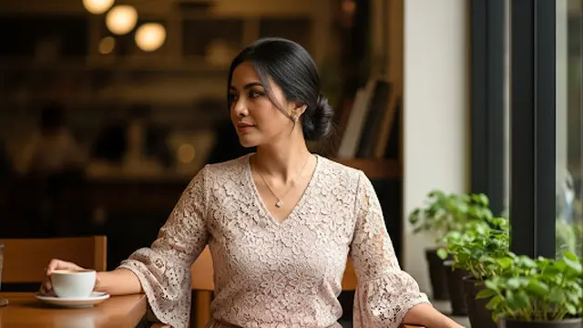 Blouse Brokat V-Neck dengan Lengan Lonceng Tiga Perempat