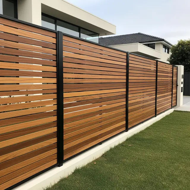 Model Pagar Rumah Modern Tanpa Motif Ramai dengan Sentuhan Kayu Natural (Image by Gemini AI)