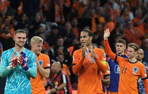 Selebrasi skuad Belanda dalam laga versus Finlandia di Kualifikasi Piala Dunia 2026, Minggu (12/10/2025).&nbsp;(AP Photo/Patrick Post)