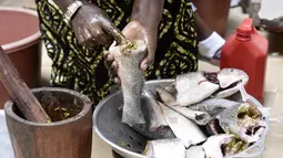 Koki Senegal Thiane Ngom menyiapkan "thiebou dieune" tradisional di rumahnya di Dakar pada 15 Desember 2021. Thiebou dieune yang berarti nasi dengan ikan dalam bahasa Wolof ini butuh waktu tiga jam untuk dimasak. Hidangan khas Senegal ini biasanya disajikan saat makan siang. (SEYLLOU/AFP)