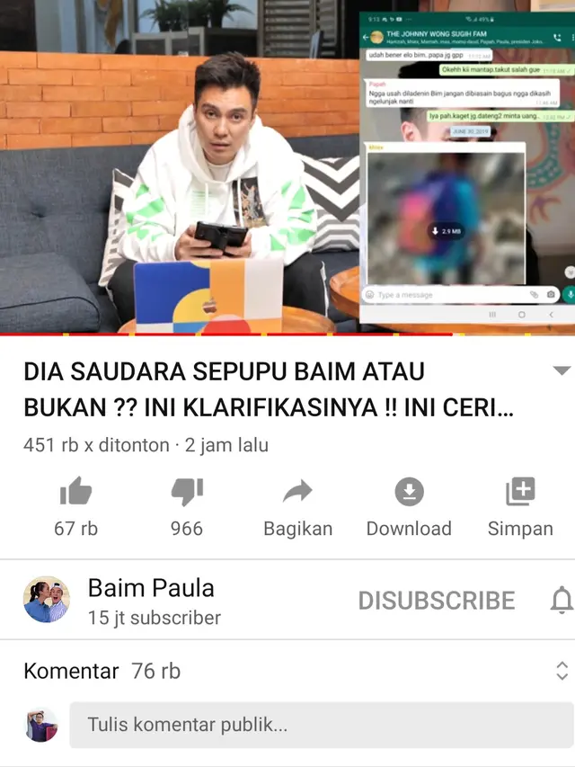 Unggahan Baim Wong. (Foto: YouTube Baim Paula)