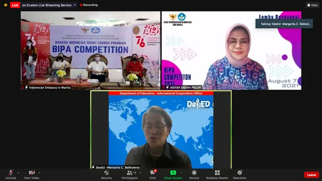 Aisyah Endah Palupi selaku Atase Pendidikan KBRI Manila dalam acara lomba virtual HUT ke-76 RI. (KBRI Manila)