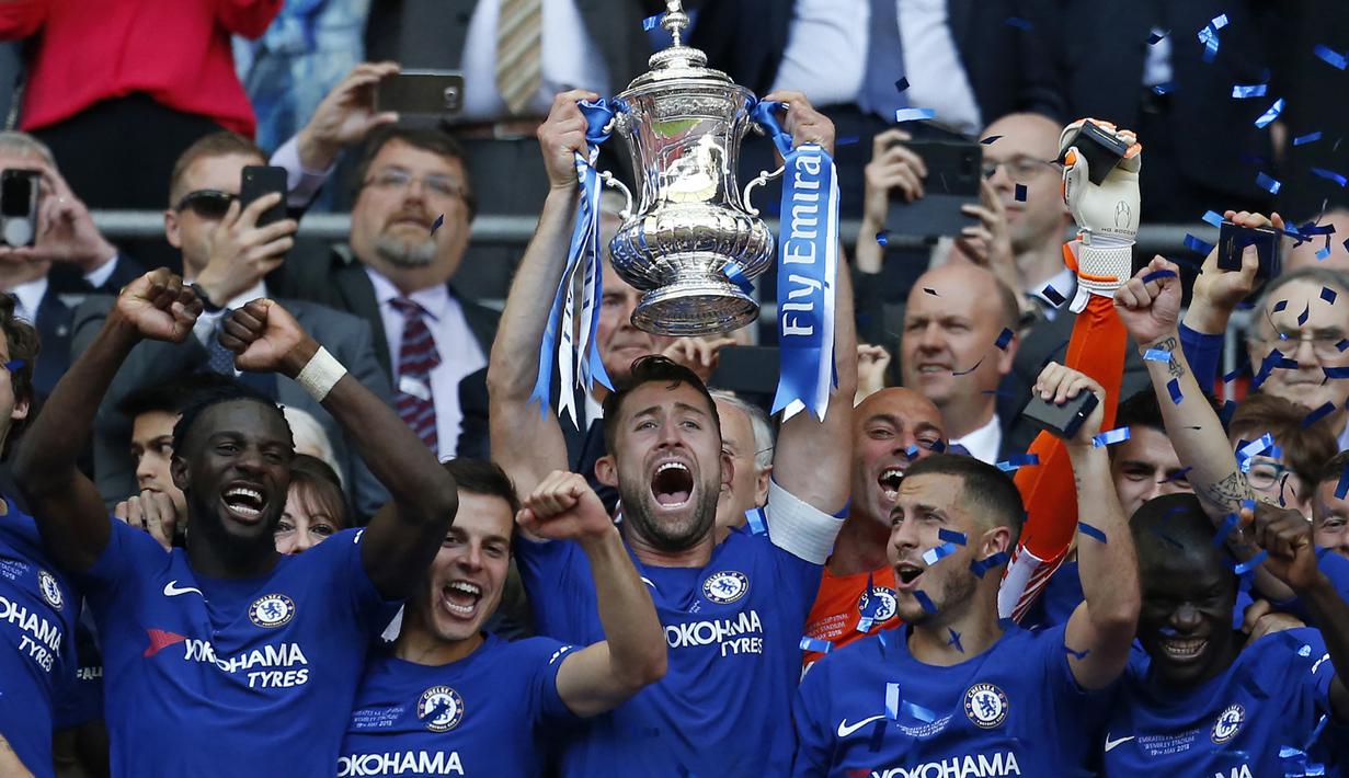 Chelsea. Chelsea juga berhasil mengoleksi 8 gelar Piala FA dari total 15 kali mencapai final. Gelar terakhir mereka raih pada musim 2017/2018 usai mengalahkan Manchester United 1-0 di partai final, 19 Mei 2018. (AFP/Ian Kington)