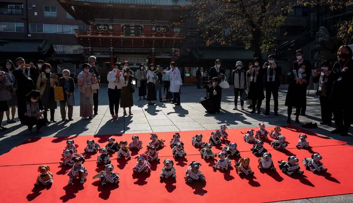 Pemilik robot anjing "aibo" mengambil foto hewan peliharaan mereka saat mereka menghadiri upacara untuk menandai Festival Shichi-Go-San di Kuil Kanda Myojin, Tokyo, Jepang, Jumat (11/11/2022). Lebih dari 60 pemilik "aibo" menghadiri acara tradisional yang diadakan setiap tahun dengan mendoakan kesehatan yang baik di masa depan untuk anak perempuan berusia tiga dan tujuh tahun dan anak laki-laki berusia lima tahun. (Richard A. Brooks / AFP)