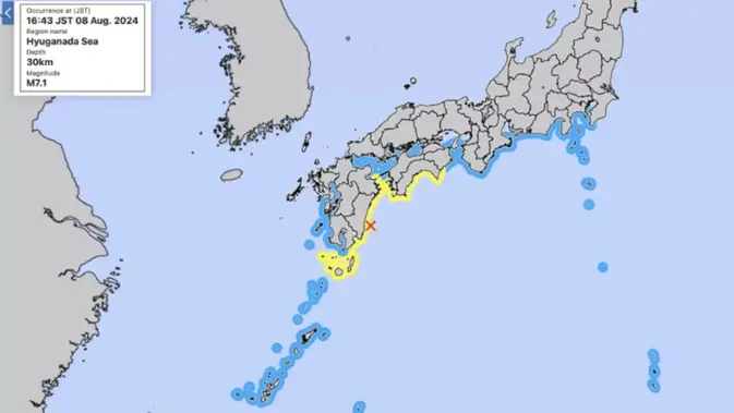 <p>Palung Nankai terletak di batas antara dua lempeng tektonik. Palung Nankai membentang sekitar 700 kilometer dari Teluk Suruga di lepas Prefektur Shizuoka hingga Laut Hyuganada di lepas Prefektur Miyazaki (Japan Meteorological Agency).</p>