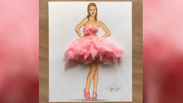 Seorang perancang busana memberi sentuhan kreatif dengan menambahkan makanan-makanan tertentu pada sketsa baju yang dibuatnya.