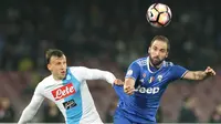 Striker Juventus, Gonzalo Higuain, duel udara dengan bek Napoli, Vlad Chiriches. Pada laga tersebut Napoli memakai skema 4-3-3 sementara Juventus dengan formasi 4-2-3-1. (AFP/Carlo Hermann).