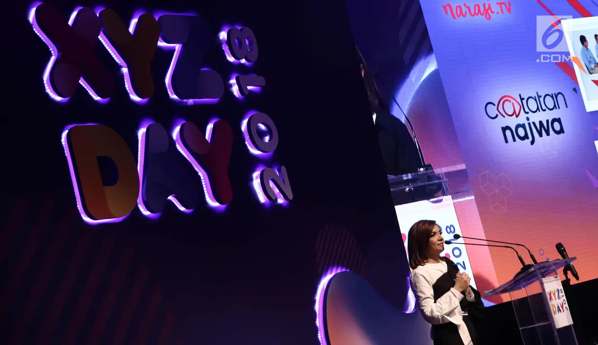 Presenter Najwa Shihab saat menjadi pembicara di XYZ DAY 2018 di The Hall Senayan City, Jakarta, Rabu (25/4). Wanita yang akrab disapa Nana ini berbicara seputar network dan netizen. (Liputan6.com/Herman Zakharia)