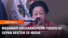 Presiden ke-5 RI, Megawati Soekarnoputri berpidato di depan Forum Rektor se-Rusia memperingati 300 tahun Universitas Saint Petersburg, Rusia. Megawati mengajak insan perguruan tinggi di seluruh dunia bersatu memastikan kemajuan teknologi, termasuk ke...