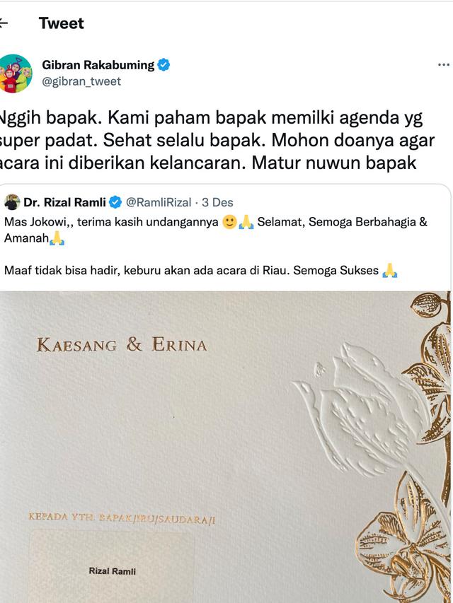 Respons Gibran Rakabuming atas ketidakhadiran Rizal Ramli dalam pernikahan Kaesang Pangarep. (Foto: Dok. Twitter @gibran_tweet)
