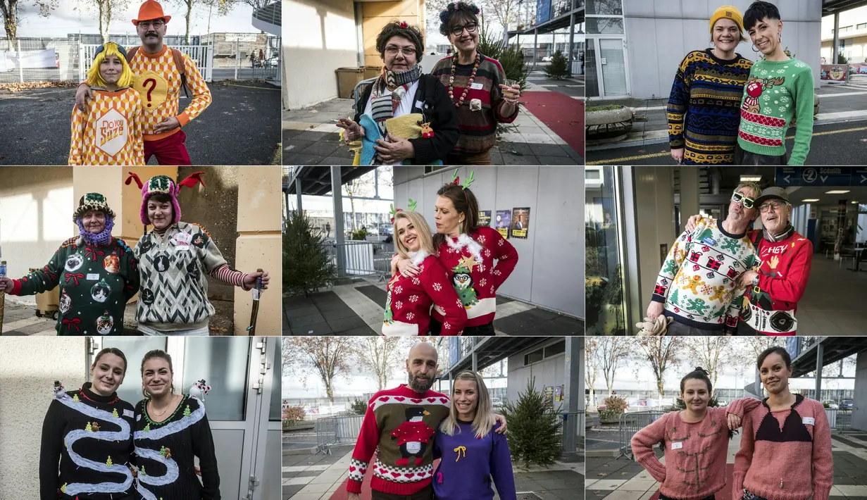 Foto kombinasi sejumlah peserta berpose saat berlangsungnya Kejuaraan Dunia Sweater Terjelek di kota Albi, Prancis pada 1 Desember 2018. Kompetisi yang kedua kalinya ini melombakan desain baju hangat yang paling jelek dan paling norak (ERIC CABANIS / AFP)