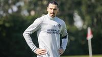 Mantan Striker Manchester United, Zlatan Ibrahimovic, melakukan latihan saat perkenalan oleh LA Galaxy di StubHub Center, AS, Sabtu (30/3/3028). LA Galaxy menjadi klub kesembilan sepanjang karier pria Swedia ini. (AP/Ringo H.W. Chiu)