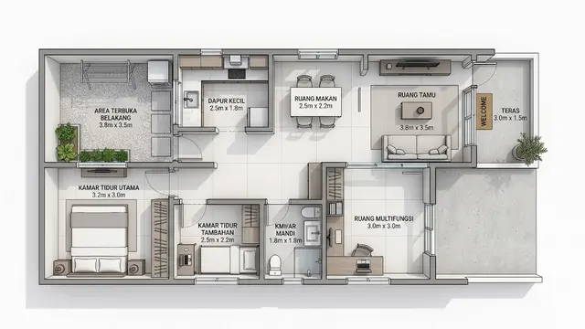 Denah Rumah 1 Lantai Tipe 45 dengan 2 Kamar dan Ruang Multifungsi