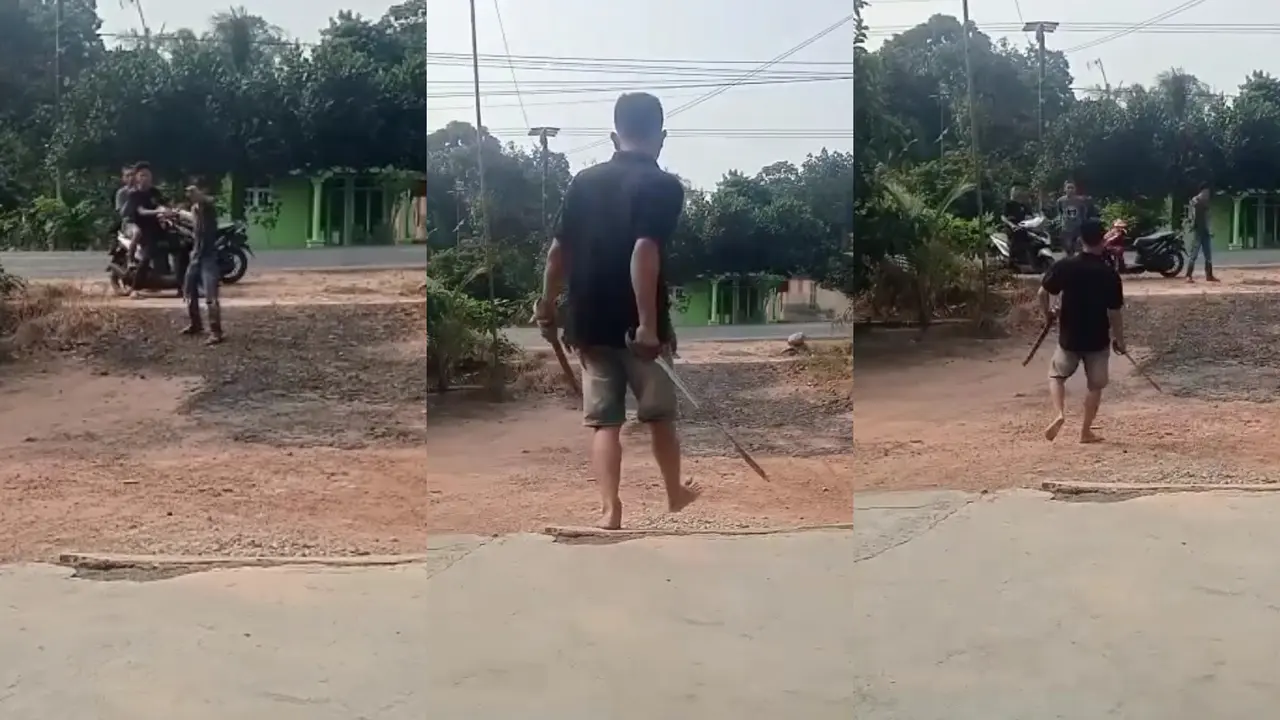 Tangkapan layar video viral yang memperlihatkan aksi duel menggunakan senjata tajam jenis pedang di Kabupaten Lampung Timur