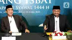Menteri Agama (Menag) Yakut Cholil Qoumas (kanan) menyampaikan hasil Sidang Isbat di Kantor Kementerian Agama, Jakarta, Kamis (20/4/2023). (Liputan6.com/Helmi Fithriansyah)