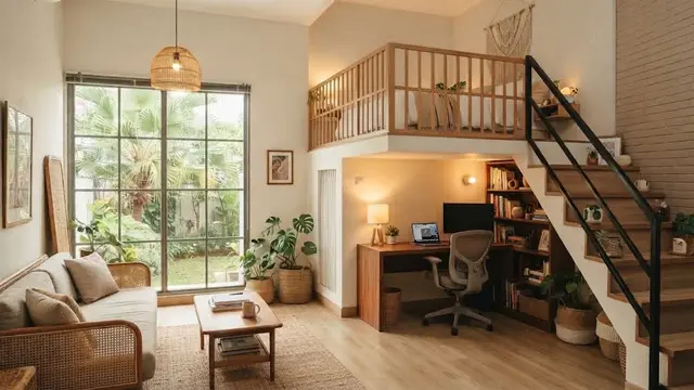 Desain rumah kecil dengan kamar di lantai atas dan cocok untuk keluarga berkarier model dengan ruang kerja di lantai bawah
