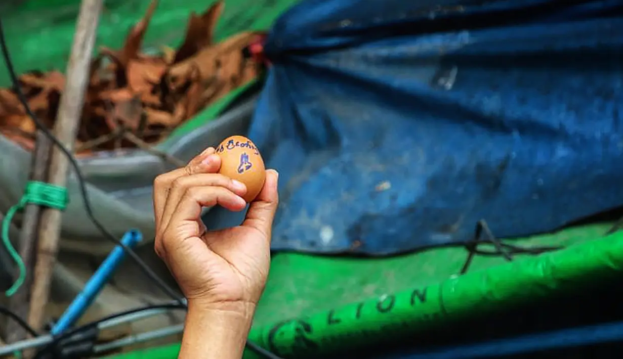Pengunjuk rasa memegang telur dengan pesan untuk mendukung demonstrasi menentang kudeta militer di kota Insein Yangon pada 4 April 2021. Demonstran di Myanmar menggambari dan menulisi telur-telur paskah dengan pesan-pesan perlawanan, lalu mengunggahnya di media sosial. (Handout/FACEBOOK/AFP)