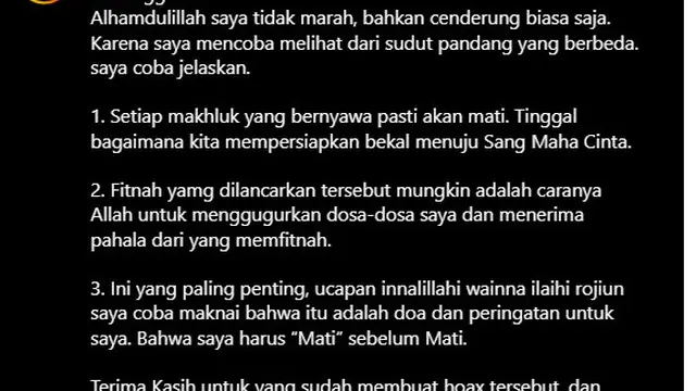 Gilang Dirga Santai Tanggapi Dirinya Diisukan Meninggal Dunia, Malah Sampaikan Terima Kasih kepada Pembuat Hoax