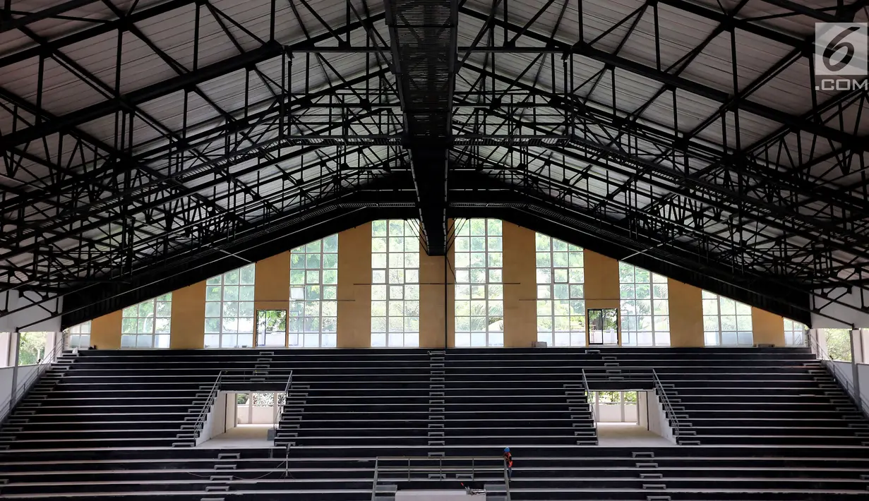 Aktivitas pekerja merenovasi Stadion Madya Senayan, Jakarta, Jumat (20/10). Sejumlah pembangunan Infastruktur Asian Games akan selesai sesuai dengan target pemerintah pada Desember 2017. (Liputan6.com/Johan Tallo)