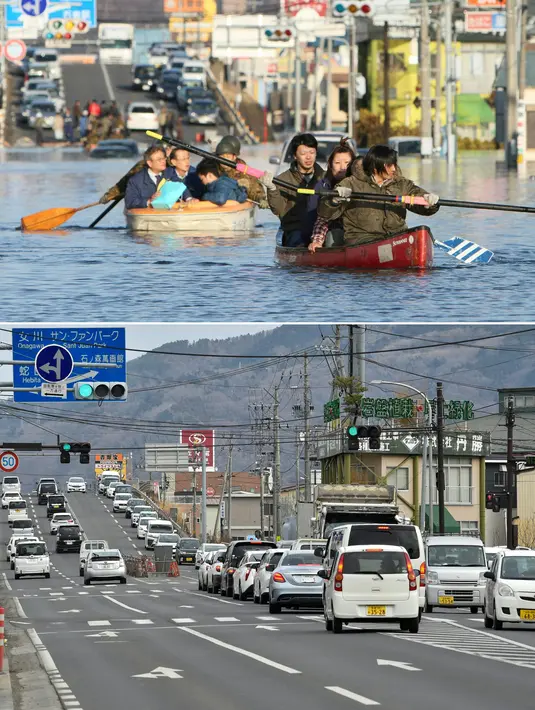 Foto kombinasi menunjukkan orang-orang (atas) mengungsi dengan perahu di jalan yang dibanjiri oleh gelombang tsunami di kota Ishinomaki, Prefektur Miyagi pada 12 Maret 2011; dan area yang sama (bawah) hampir 10 tahun kemudian pada tanggal 26 Januari 2021. (STR, Kazuhiro NOGI / AFP / JIJI PRESS)