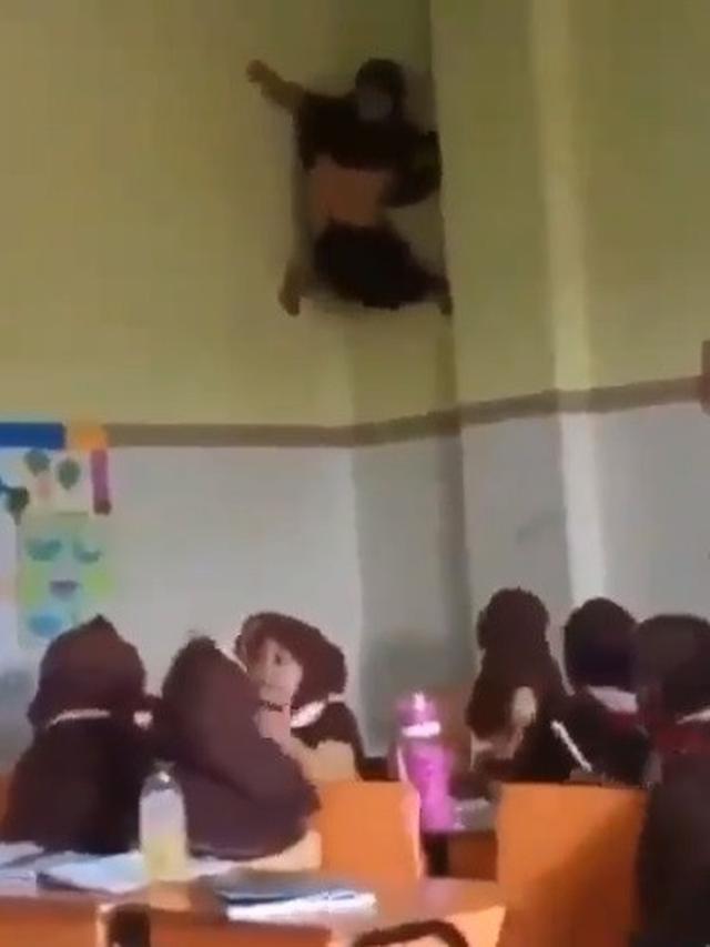 bocah SD panjat tembok (foto: twitter/@jendjenggot)