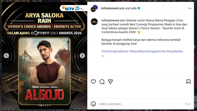 Arya Saloka menang Favorite actor (instagram.com/infotainment.sctv)
