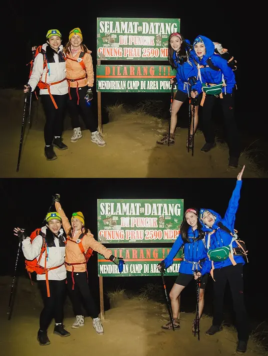 Outfit yang sama pun temani perjalanan Yura Yunita hingga Della Dartyan sampai di puncak Gunung Prau [@lunamaya]