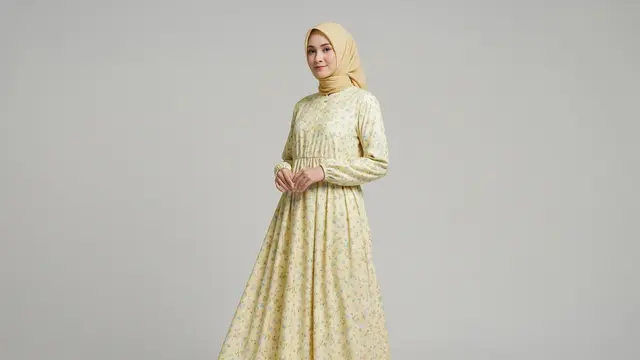 Gamis Motif Bunga Pastel dengan Detail Kerut Pinggang