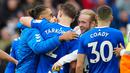 Para pemain Everton merayakan kemenangan mereka atas Arsenal pada pertandingan sepak bola Liga Inggris di Goodison Park, Liverpool, Inggris, 4 Februari 2023. Everton mengalahkan Arsenal dengan skor 1-0. (AP Photo/Jon Super)